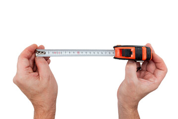 Hands holding a tape measure for measurements on a white background. Roulette isolate
