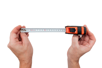 Hands holding a tape measure for measurements on a white background. Roulette isolate