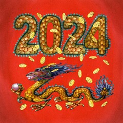 Watercolor green wooden dragon with magic pearl, numbers 2024 with dragon scales texture and gold coins with hand drawn clover. Lunar New Year symbol illustration elements isolated on red background