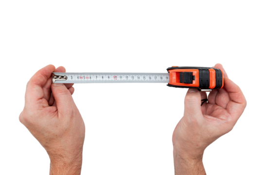 Hands holding a tape measure for measurements on a white background. Roulette isolate