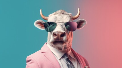 imaginative animal idea. On a solid pastel background, a bull wearing sunglasses is posed for a commercial or editorial advertisement in surreal surrealism