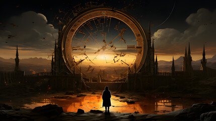 Apocalypse landscape, a man looks at an open clock tower