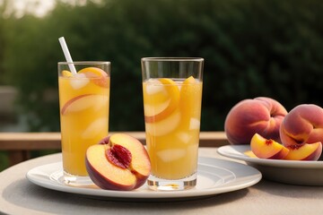 Fototapeta premium Peach juice in a glass, peaches on the table, outdoors, ice in a glass with peach juice. Generative AI.