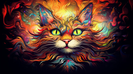 Vivid psychedelic cat face portrait with saturated multicolored fur captivating mystique and enchanting allure of feline beauty, cute cat face symbolizes expressive and mysterious nature of felines