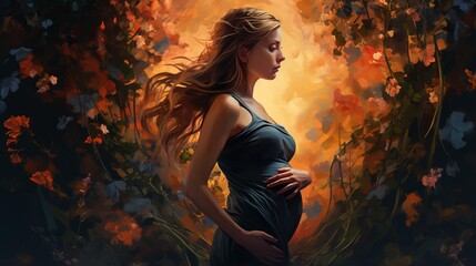 Pregnant woman holds her belly surrounded dreamlike flowers arch exudes joy of motherhood, radiating tenderness and femininity, profound connection between mother and her unborn child - obrazy, fototapety, plakaty
