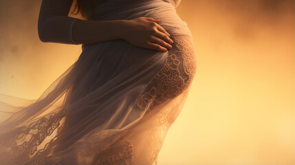 Close up view to woman hands gently cradling her pregnant belly amidst misty fog symbolizes tender connection between mother and her unborn child, tender joy of motherhood - obrazy, fototapety, plakaty