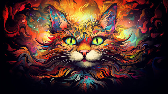 Vivid psychedelic cat face portrait with saturated multicolored fur captivating mystique and enchanting allure of feline beauty, cute cat face symbolizes expressive and mysterious nature of felines