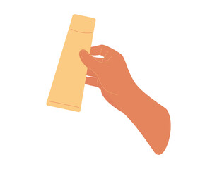 Womans hand holds yellow tube of cream on white background, cosmetics concept design, packaging mockup for advertising design. Vector illustration