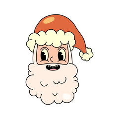 Santa claus face vector sticker or patch, badge. Sign or greeting card for winter holiday. Merry christmas or new year poster. Wintertime festive greeting pop art icon in retro style. Comic mascot