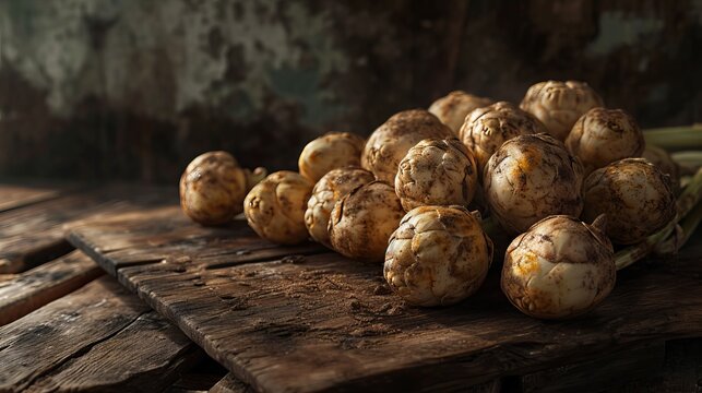 Freshly harvested sunchoke tubers, organic Jerusalem artichokes on rustic wooden table with earthy textures