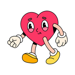 Valentine day patch of walking heart with face. Vector pop art icon or print for greeting card or gift print. Funky retro popart character for love celebration. Mascot or emoji in 80s or 70s style.