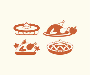 set of thanksgiving turkey food and pumpkin pie icons vector icon design illustration collections 