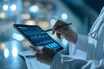 Medicine doctor write electronic medical record on tablet. Digital healthcare and network connection on hologram modern virtual screen interface, insurance, technology and network. generative AI
