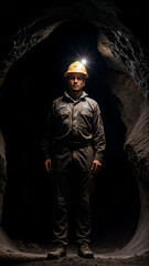 Fototapeta na wymiar ai generated portrait of a man wearing an miner dress inside a cave,