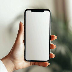 hand holding smart phone with white screen, mock up