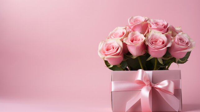 Pink rose flowers and gift box wit ribbon on a pink background. Generate AI image