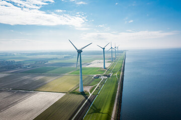 wind turbines at the sea coast from the sky