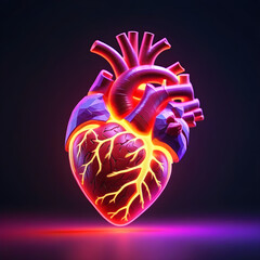 Human heart shape neon glowing light low poly style.