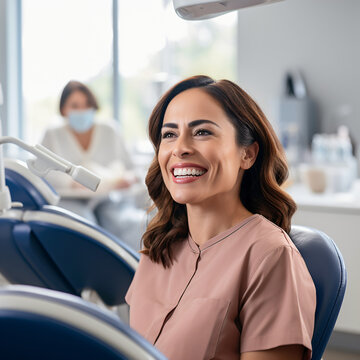 A Hispanic Middle Age Woman Smiling Seating At The Dental Chair Having A Friendly Conversation With Her Dentist The Background Is A Bright Dental Office , Busy With Other Personnel And Patients Being 