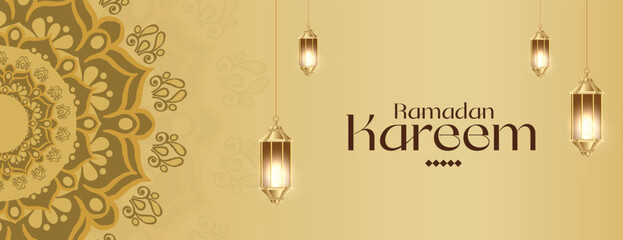 Ramadan Kareem wishes, wishing, or greeting banner Ramzan Islamic mandala background design with lamp, lantern, social media web, banner, poster vector illustration