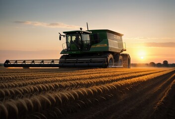 Fototapeta premium Agricultural work in the fields, wheat field, tractor collects wheat. Generative AI.