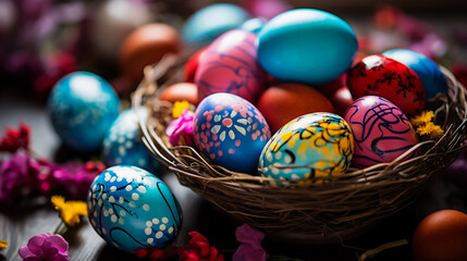 Fototapeta premium Colorful easter eggs on rustic wooden background
