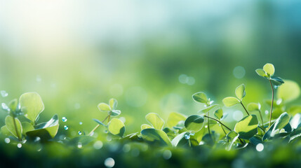 Green grass with dew drops in sunlight, shallow depth of field