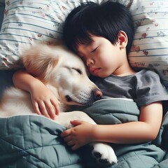 Sleeping Asian boy with dog huddled together in bed, concept of pet and childhood. 