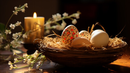 Obraz na płótnie Canvas Easter eggs in a basket on a wooden table with a candle