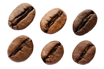 Collection of various coffee beans isolated on white background, top view. Top view of coffee beans...