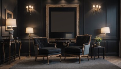 interior design living room with red chair and picture mockup on a wall and a black chair