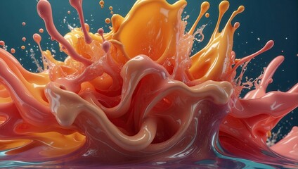 Bold splashes of coral and spiced apple liquids leap and twist against a dark backdrop, suggesting vibrant energy and movement.