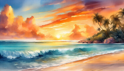 Panoramic beach landscape. Inspire tropical beach seascape horizon. Watercolor art style