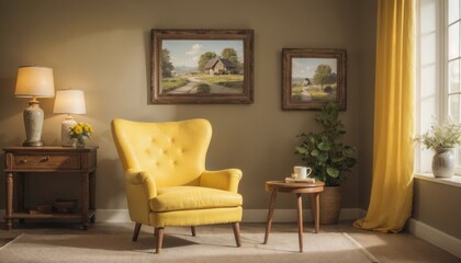 interior design living room with red chair and picture mockup on a wall and a yellow chair