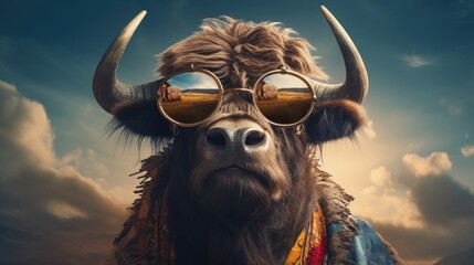 imaginative animal idea. The image of a buffalo wearing sunglasses is strange. It is from a commercial or editorial advertisement