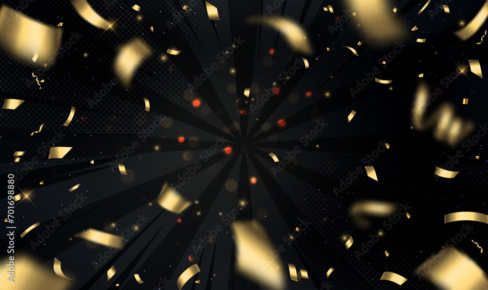 Poster gold confetti explosion with bokeh dust particles on black background. sparkling confetti particles.