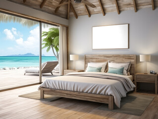 Tropical bedroom with oceanfront view and wooden accents. Vacation home concept. Generative AI