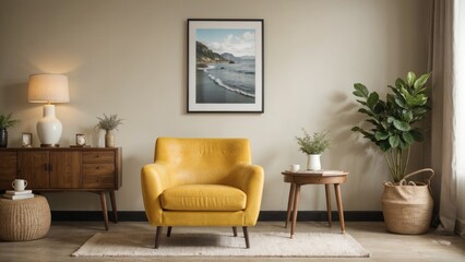 Fototapeta na wymiar interior design living room with red chair and picture mockup on a wall and a yellow chair