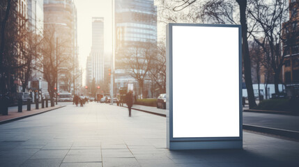 Clear advertising billboard on a tranquil city street. Urban communication concept. Generative AI