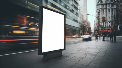 Illuminated blank billboard on a city street at dusk. Outdoor advertising concept. Generative AI - obrazy, fototapety, plakaty