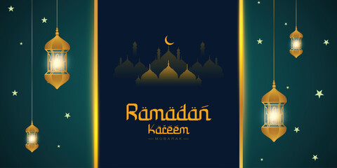 Ramadan Kareem wishes, or greeting banner Ramzan Islamic green background design with lamp, mosque dark color social media wishing banner, poster vector illustration - obrazy, fototapety, plakaty