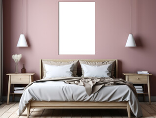 Elegant bedroom interior with beige bedding and pink walls. Contemporary design and comfort concept. Generative AI