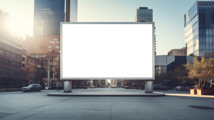 Blank billboard in the city during golden hour. Outdoor advertising and cityscape. Generative AI