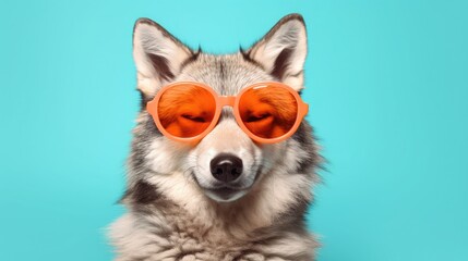 imaginative animal idea. Wolf with sunglasses, isolated on a solid pastel background for a commercial or editorial advertisement