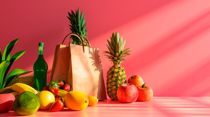 paper bag with fruit on a red background