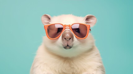 imaginative animal idea. Wombat in sunglasses with shaded lenses, isolated on a solid pastel background, editorial or commercial advertisement