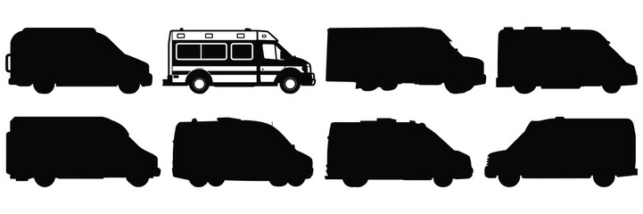 Car delivery caego silhouettes set, large pack of vector silhouette design, isolated white background