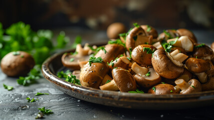 A dish of fresh mushrooms with parsley.  - obrazy, fototapety, plakaty