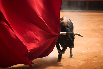 Fototapeten Bull in bullfight arena with large red cloth © Firn
