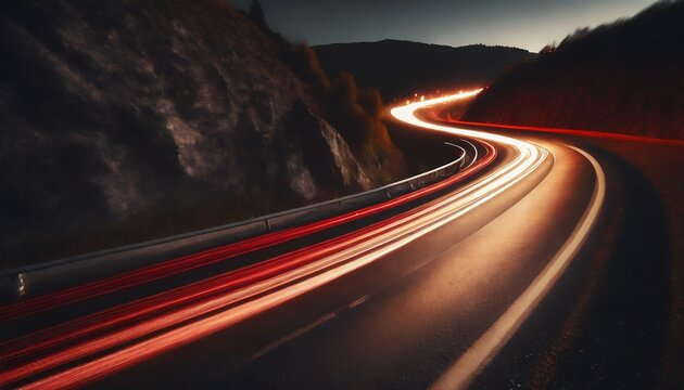 Cars red light trails at night in a curve asphalt road at night, long exposure image 
